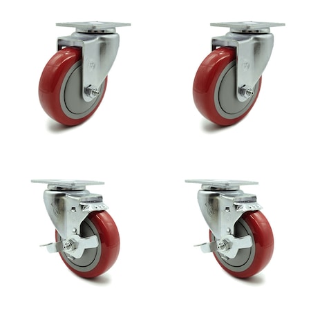 Service Caster 4 Inch Red Polyurethane Wheel Swivel Top Plate Caster Set with 2 Brakes SCC SCC-20S414-PPUB-RED-TP3-2-TLB-2
